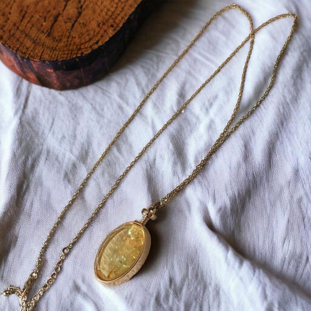 $5$ add on Gold Tone Oval yellow prism Pendant Necklace